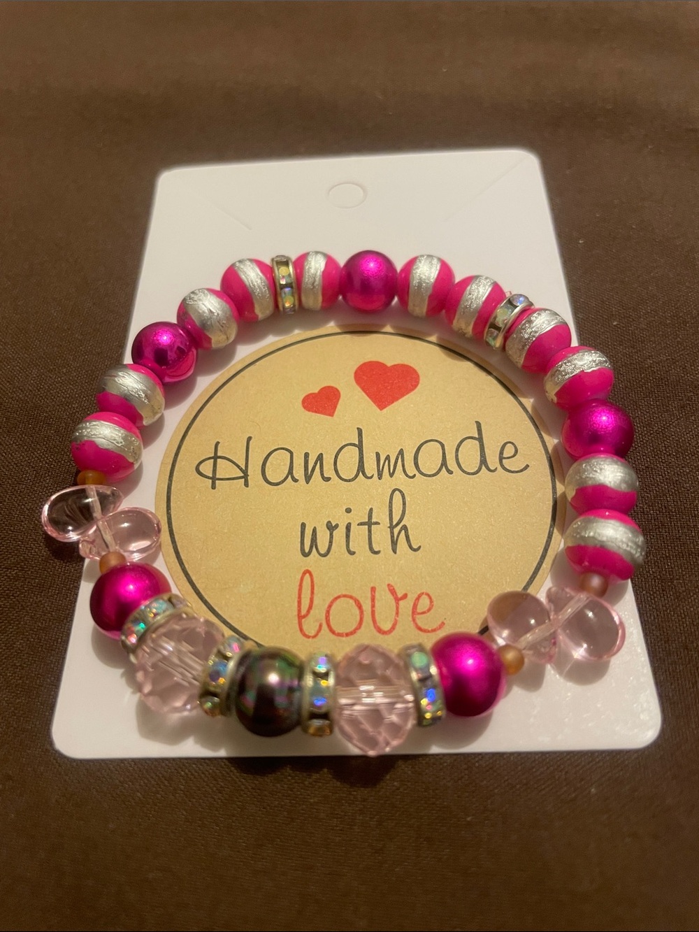 2/$7 - Handmade Pink Beaded Stretch Fashion Bracelet with Silver Accents
